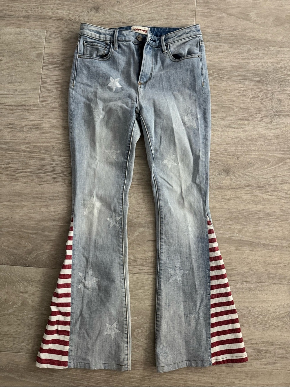 DRIFTWOOD Light Wash Star-Print Flare Jeans with Red Stripe Insets